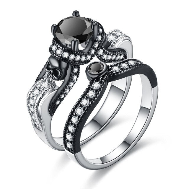 Skull and Cubic Zirconia Vintage Punk Double Engagement Ring-Rings-Innovato Design-6-Black-Innovato Design