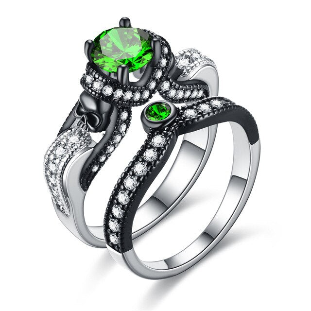 Skull and Cubic Zirconia Vintage Punk Double Engagement Ring-Rings-Innovato Design-6-Green-Innovato Design