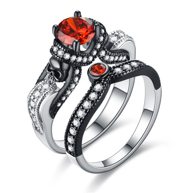 Skull and Cubic Zirconia Vintage Punk Double Engagement Ring-Rings-Innovato Design-6-Red-Innovato Design