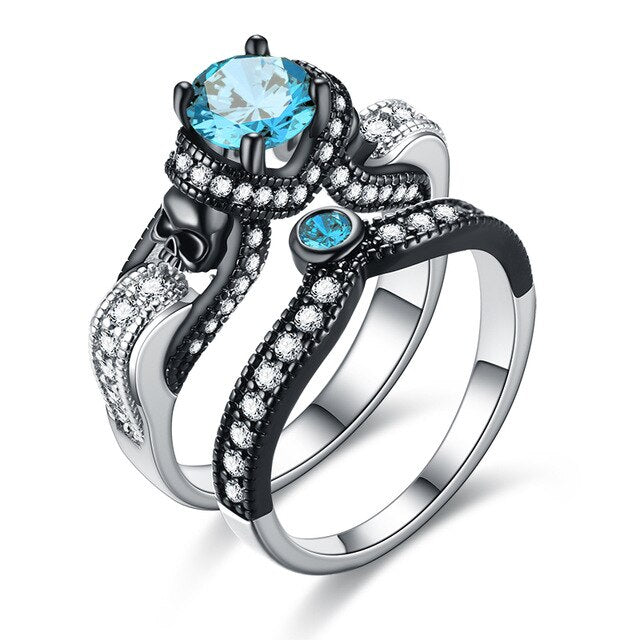Skull and Cubic Zirconia Vintage Punk Double Engagement Ring-Rings-Innovato Design-6-Blue-Innovato Design
