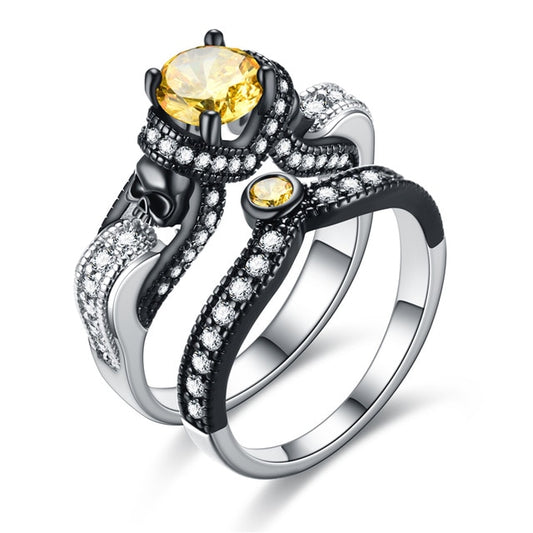 Skull and Cubic Zirconia Vintage Punk Double Engagement Ring-Rings-Innovato Design-6-Yellow-Innovato Design