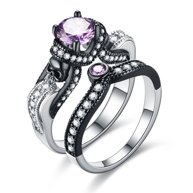 Skull and Cubic Zirconia Vintage Punk Double Engagement Ring-Rings-Innovato Design-6-Purple-Innovato Design