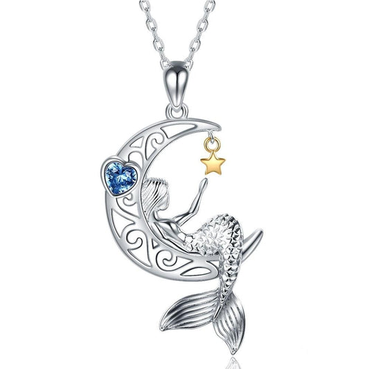 Beautiful Mermaid and Star 925 Sterling Silver Fashion Pendant Necklace-Necklace-Innovato Design-Silver Blue-22 inch-Innovato Design