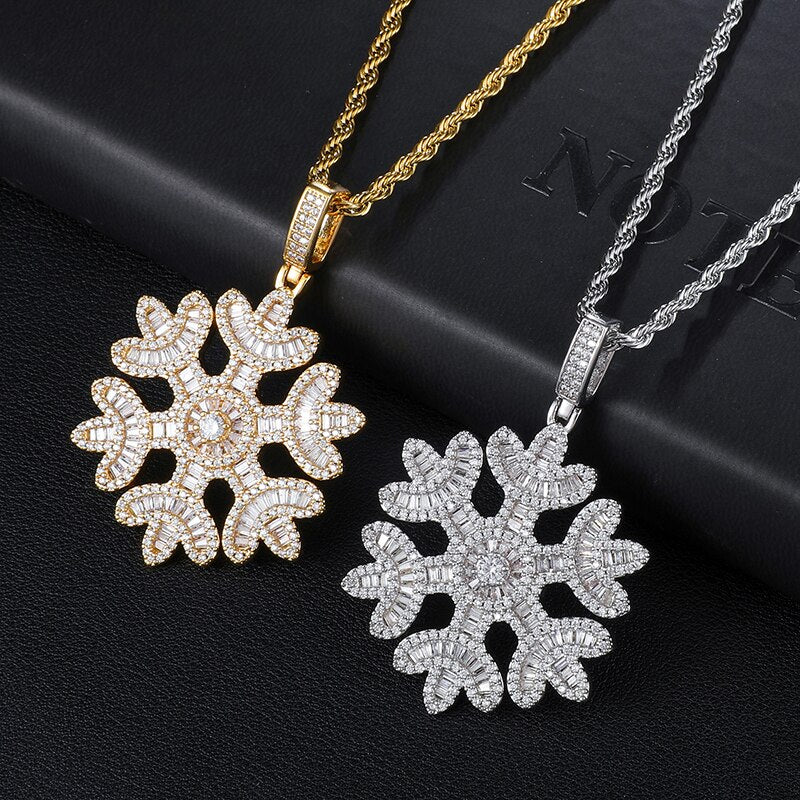 Cubic Zirconia Studded Baguette Snowflake Bling Hip-hop Pendant Necklace-Necklaces-Innovato Design-Gold-Cuban-20inch-Innovato Design