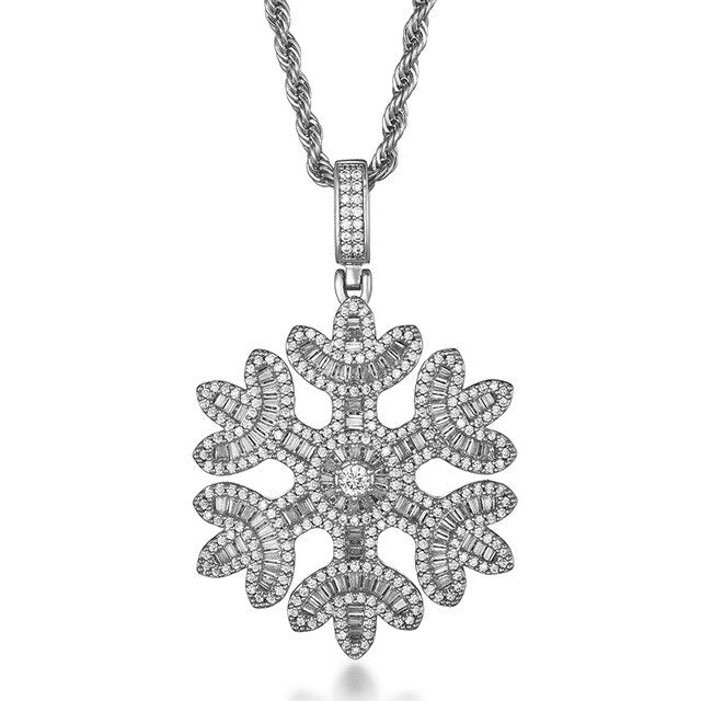 Cubic Zirconia Studded Baguette Snowflake Bling Hip-hop Pendant Necklace-Necklaces-Innovato Design-Silver-Cuban-20inch-Innovato Design