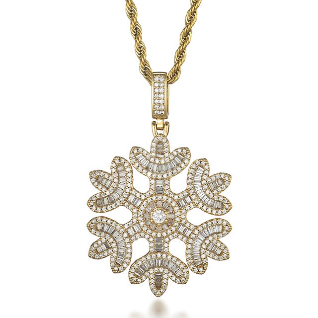 Cubic Zirconia Studded Baguette Snowflake Bling Hip-hop Pendant Necklace-Necklaces-Innovato Design-Gold-Cuban-20inch-Innovato Design