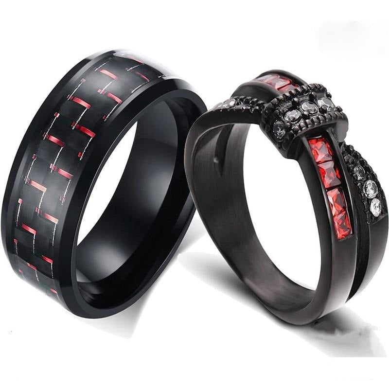 Red Black Carbon Fiber Inlay and Red White Cubic Zirconia Bow Stainless Steel Engagement Rings-Couple Rings-Innovato Design-6-5-Innovato Design