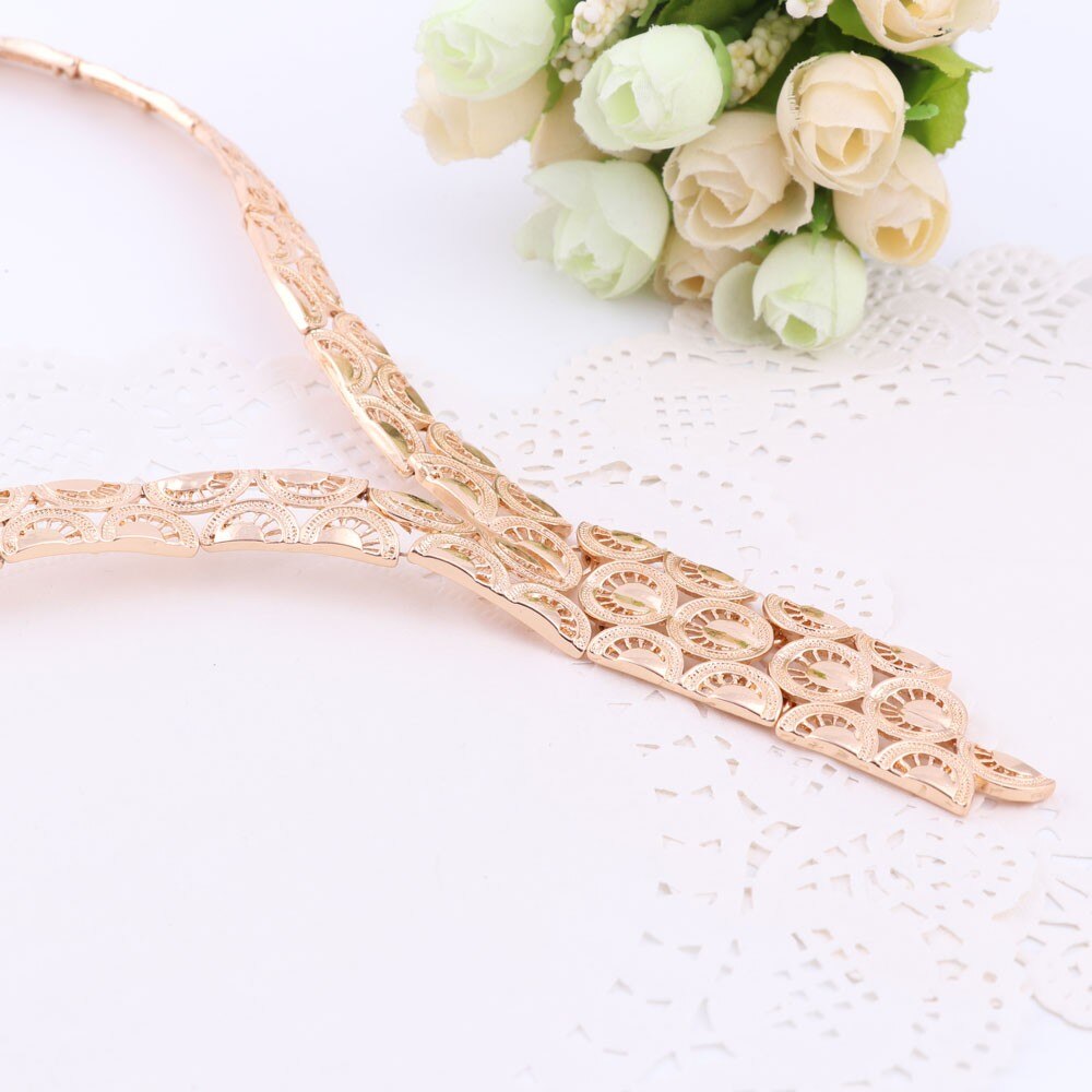 Gold-Plated Steel with Geometric Patterns Necklace, Bracelet, Earrings & Ring Wedding Jewelry Set-Jewelry Sets-Innovato Design-Innovato Design