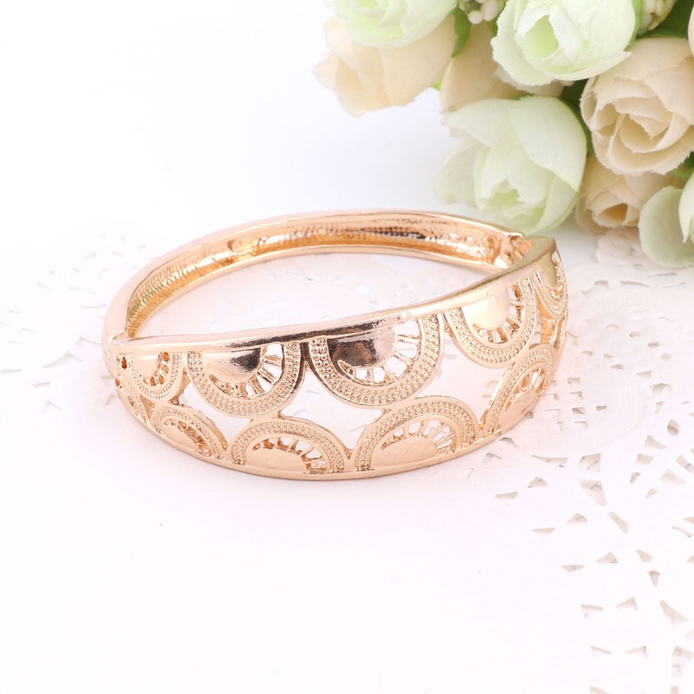 Gold-Plated Steel with Geometric Patterns Necklace, Bracelet, Earrings & Ring Wedding Jewelry Set-Jewelry Sets-Innovato Design-Innovato Design