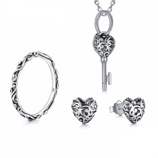 Classic Swirls 925 Sterling Silver Necklace, Earrings & Ring Vintage Fashion Wedding Jewelry Set-Jewelry Sets-Innovato Design-6-Innovato Design