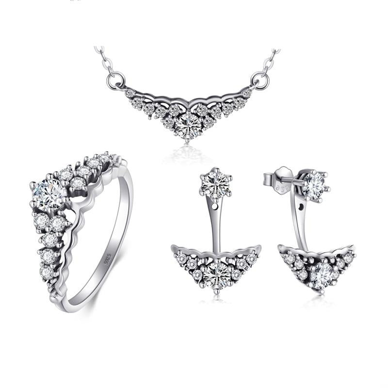 Silver Cubic Zirconia Crown 925 Sterling Silver Necklace, Stud Earrings & Ring Fashion Wedding Jewelry Set-Jewelry Sets-Innovato Design-6-Innovato Design