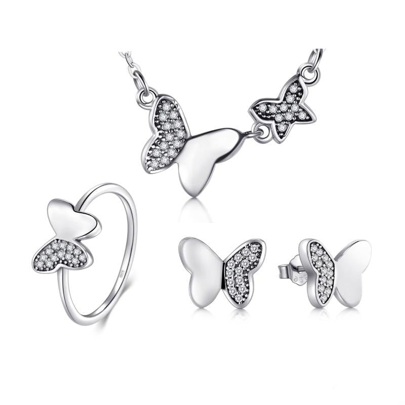Classic Butterfly Cubic Zirconia 925 Sterling Silver Necklace, Earrings & Ring Vintage Jewelry Set-Jewelry Sets-Innovato Design-6-Innovato Design