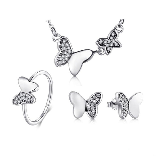 Classic Butterfly Cubic Zirconia 925 Sterling Silver Necklace, Earrings & Ring Vintage Jewelry Set-Jewelry Sets-Innovato Design-6-Innovato Design