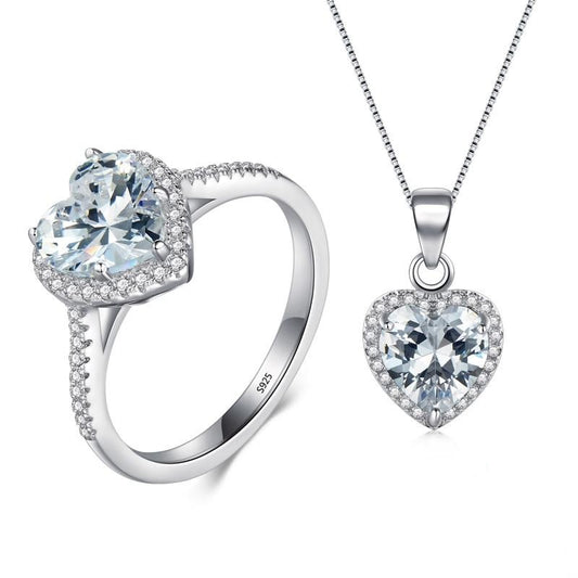 Natural Crystal Heart 925 Sterling Silver Necklace & Ring Fashion Wedding Jewelry Set-Jewelry Sets-Innovato Design-5-Innovato Design