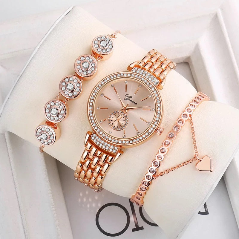 Women Rose Gold Rhinestone Steel Band Quartz Watch and Bracelets Jewelry Set-Jewelry Sets-Innovato Design-Innovato Design