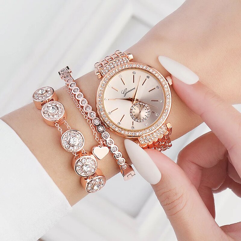 Women Rose Gold Rhinestone Steel Band Quartz Watch and Bracelets Jewelry Set-Jewelry Sets-Innovato Design-Innovato Design