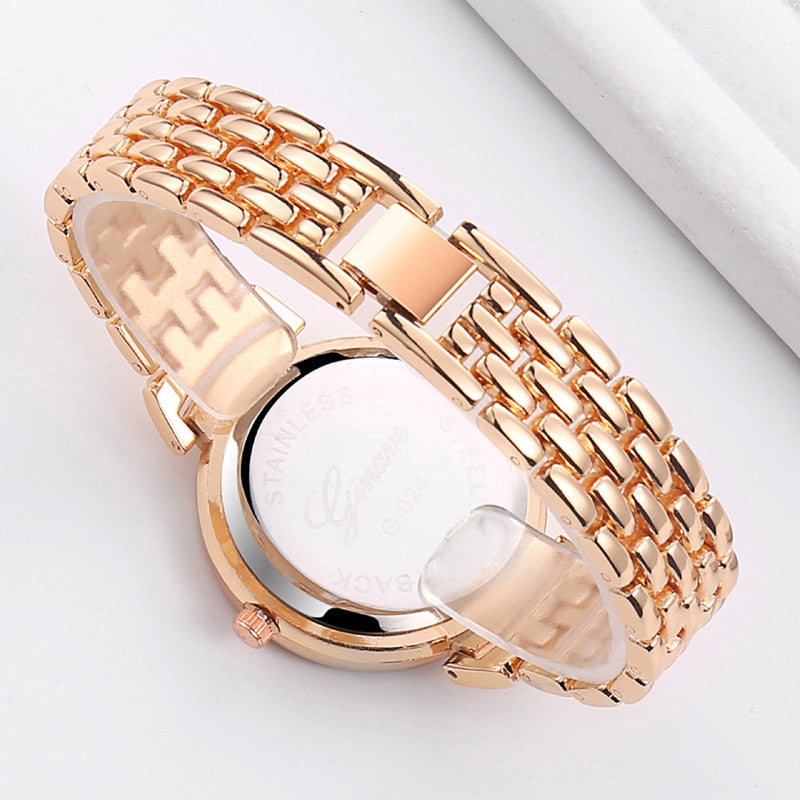 Women Rose Gold Rhinestone Steel Band Quartz Watch and Bracelets Jewelry Set-Jewelry Sets-Innovato Design-Innovato Design