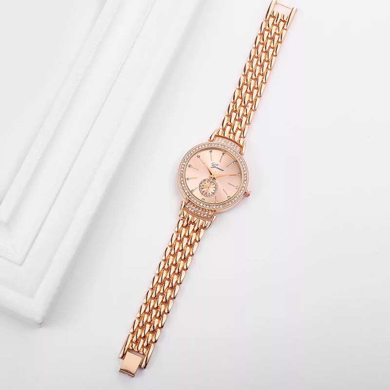 Women Rose Gold Rhinestone Steel Band Quartz Watch and Bracelets Jewelry Set-Jewelry Sets-Innovato Design-Innovato Design