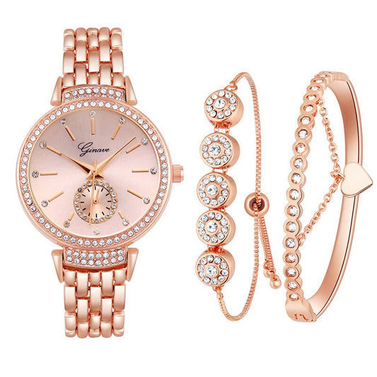 Women Rose Gold Rhinestone Steel Band Quartz Watch and Bracelets Jewelry Set