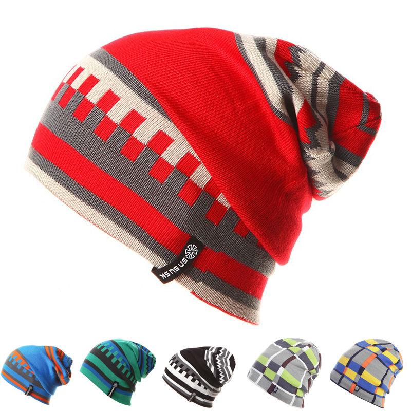Geometric Patterns Plaid Knit Hat, Skull Cap or Beanie-Hats-Innovato Design-Red-Innovato Design