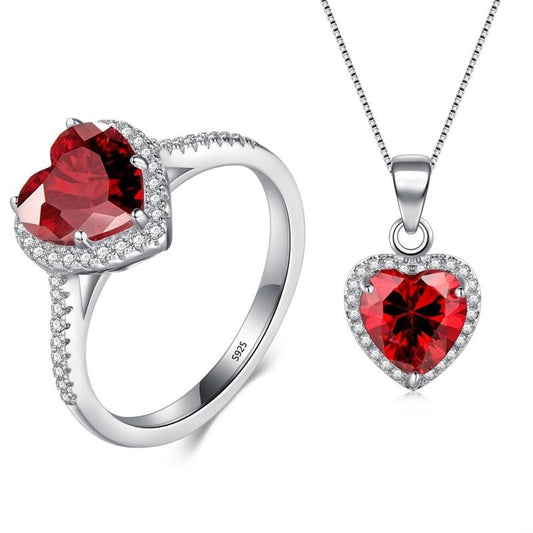 Red Heart Crystal 925 Sterling Silver Necklace & Ring Fashion Wedding Jewelry Set-Jewelry Sets-Innovato Design-9-Innovato Design
