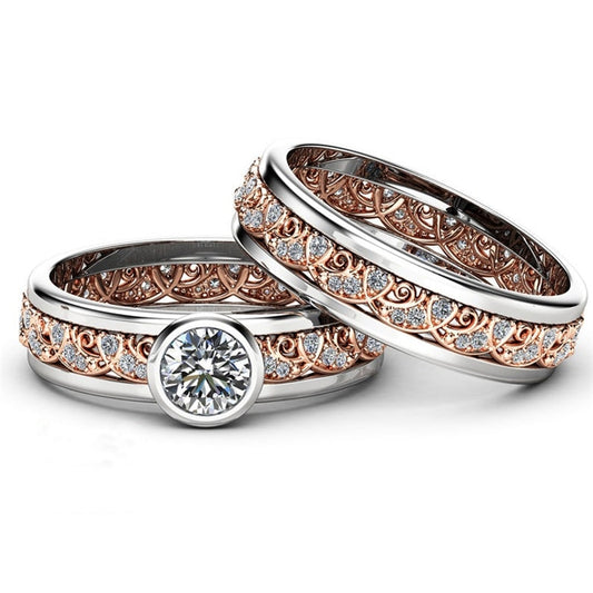 Retro Pattern Cubic Zirconia Stainless Steel Wedding Band Set-Couple Rings-Innovato Design-5-Innovato Design