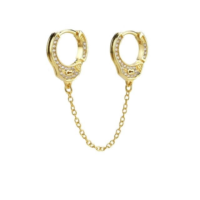 Double-Sided Cubic Zirconia Handcuffs 925 Sterling Silver Link Chain Loop Earrings-Earrings-Innovato Design-Gold-Innovato Design