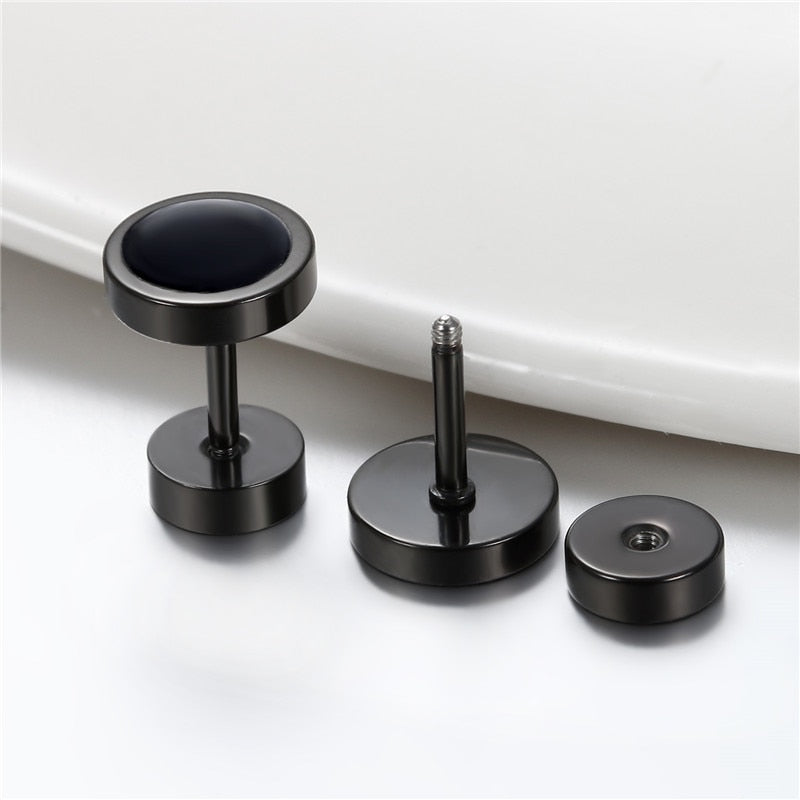 6 Pairs Handmade Round Black Double-Sided Dumbbell Stainless Steel Gothic Stud Earrings-Earrings-Innovato Design-Innovato Design