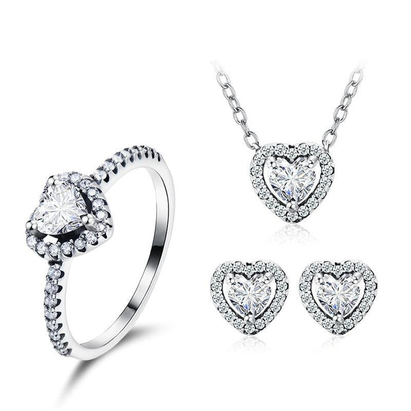 Heart Cubic Zirconia and Crystal 925 Sterling Silver Necklace, Earrings & Ring Fashion Wedding Jewelry Set-Jewelry Sets-Innovato Design-8-Innovato Design