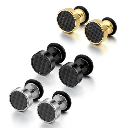 3 Pairs 8mm Tunnel Plug with Carbon Fiber Stainless Steel Stud Earrings-Earrings-Innovato Design-Innovato Design