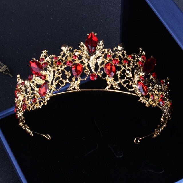 Baroque Vintage Gold-Plated Red Crystal and Rhinestone Tiara, Necklace & Earrings Jewelry Set-Jewelry Sets-Innovato Design-Innovato Design