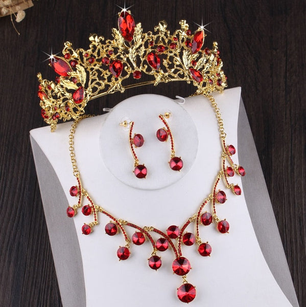 Baroque Vintage Gold-Plated Red Crystal and Rhinestone Tiara, Necklace & Earrings Jewelry Set-Jewelry Sets-Innovato Design-Innovato Design