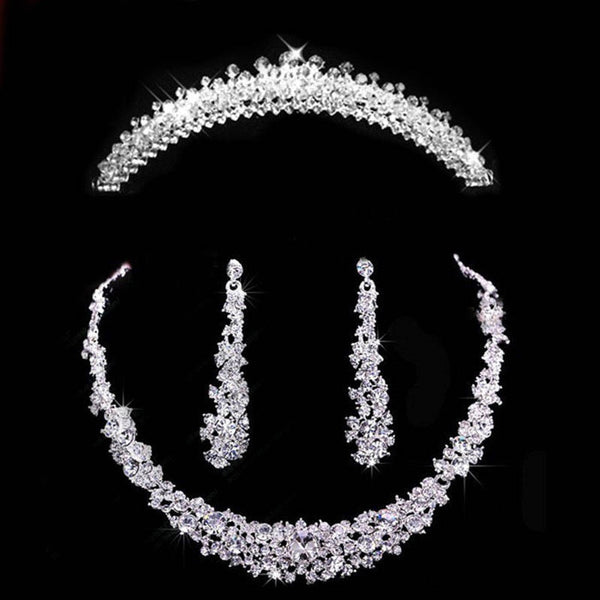 Silver-Plated Crystal and Rhinestone Tiara, Necklace & Earrings Jewelry Set-Jewelry Sets-Innovato Design-Innovato Design