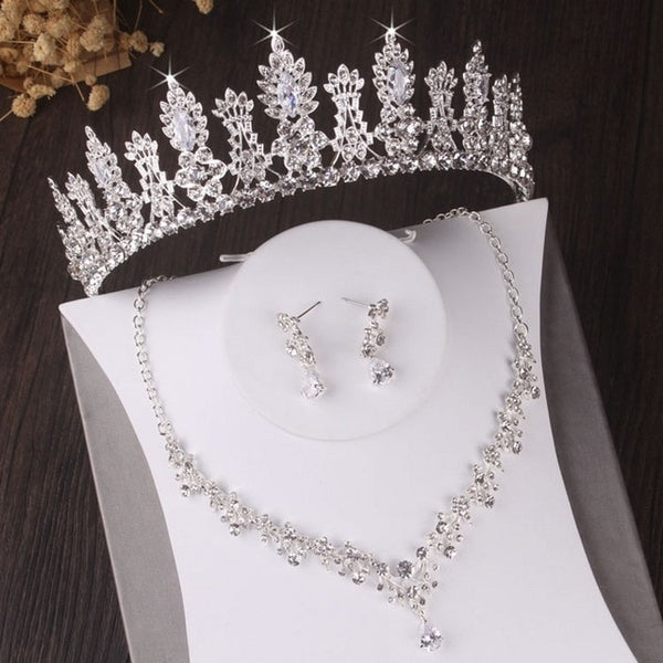 Baroque Floral Crystal and Rhinestone Tiara, Necklace & Earrings Wedding Jewelry Set