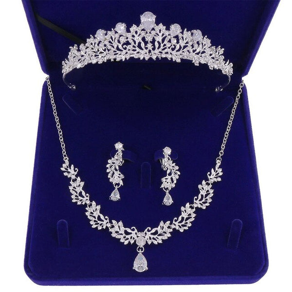 Cubic Zirconia, Leaf and Rhinestone Tiara, Necklace & Earrings Prom Jewelry Set-Jewelry Sets-Innovato Design-Innovato Design