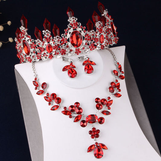 Silver-Plated Red Crystal, Flower and Rhinestone Tiara, Necklace & Earrings Wedding Bridal Jewelry Set-Jewelry Sets-Innovato Design-Innovato Design
