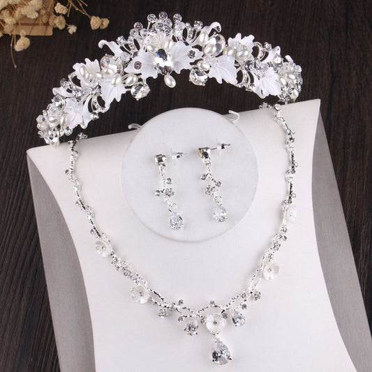 Silver-Plated Crystal, Leaf, Pearl and Rhinestone Tiara, Necklace & Earrings Wedding Jewelry Set-Jewelry Sets-Innovato Design-Innovato Design