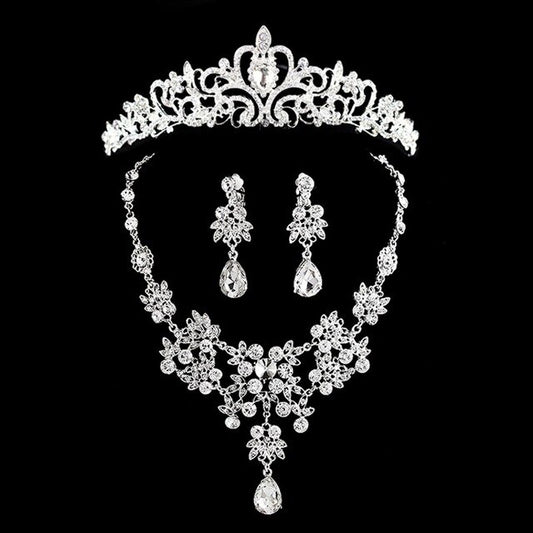 Silver-Plated Crystal and Rhinestone Tiara, Necklace & Earrings Wedding Jewelry Set-Jewelry Sets-Innovato Design-Style B-Innovato Design