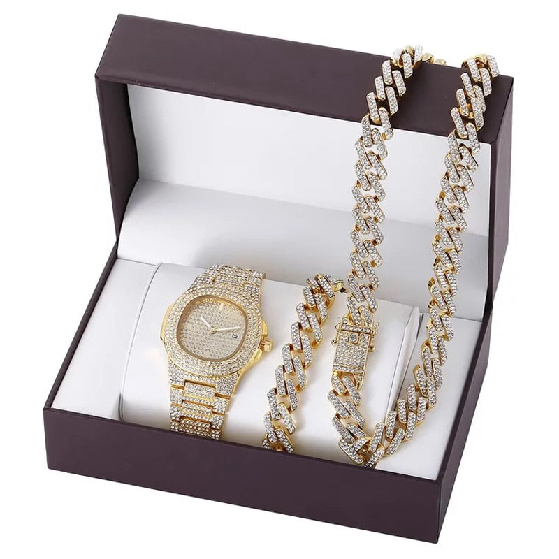 Men Hip-Hop Paved Rhinestones Watch, Bracelet, and Cuban Chain Necklace and Bling Jewelry Set-Jewelry Sets-Innovato Design-Gold-Innovato Design