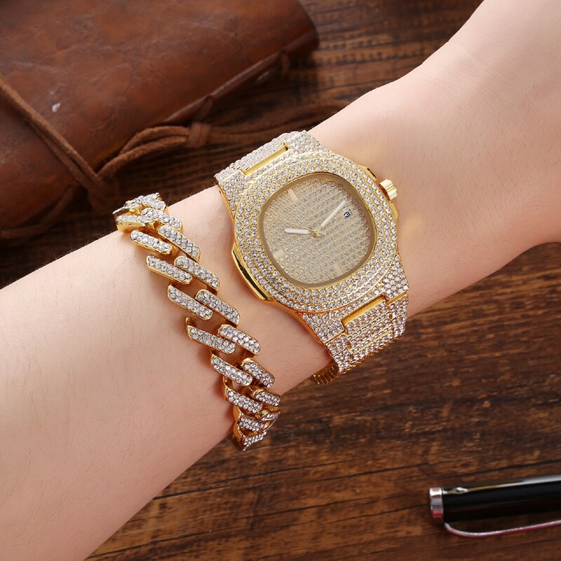 Men Hip-Hop Paved Rhinestones Watch, Bracelet, and Cuban Chain Necklace and Bling Jewelry Set-Jewelry Sets-Innovato Design-Gold White-Innovato Design