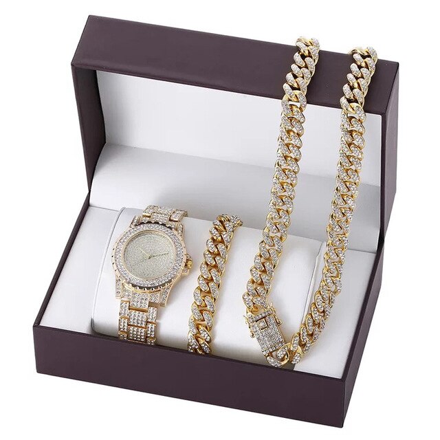 Men Hip-Hop Paved Rhinestones Watch, Bracelet, and Cuban Chain Necklace and Bling Jewelry Set-Jewelry Sets-Innovato Design-Gold Classic-Innovato Design