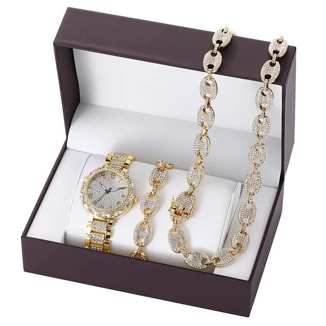 Men Hip-Hop Paved Rhinestones Watch, Bracelet, and Cuban Chain Necklace and Bling Jewelry Set-Jewelry Sets-Innovato Design-Gold White-Innovato Design
