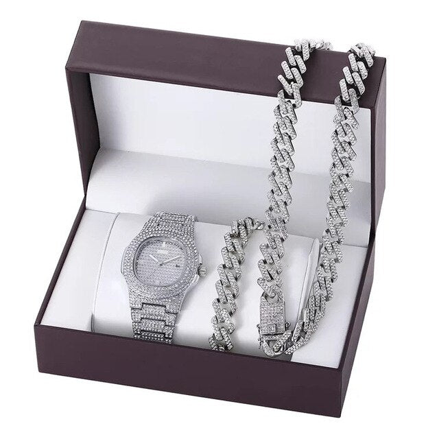 Men Hip-Hop Paved Rhinestones Watch, Bracelet, and Cuban Chain Necklace and Bling Jewelry Set-Jewelry Sets-Innovato Design-Sliver-Innovato Design