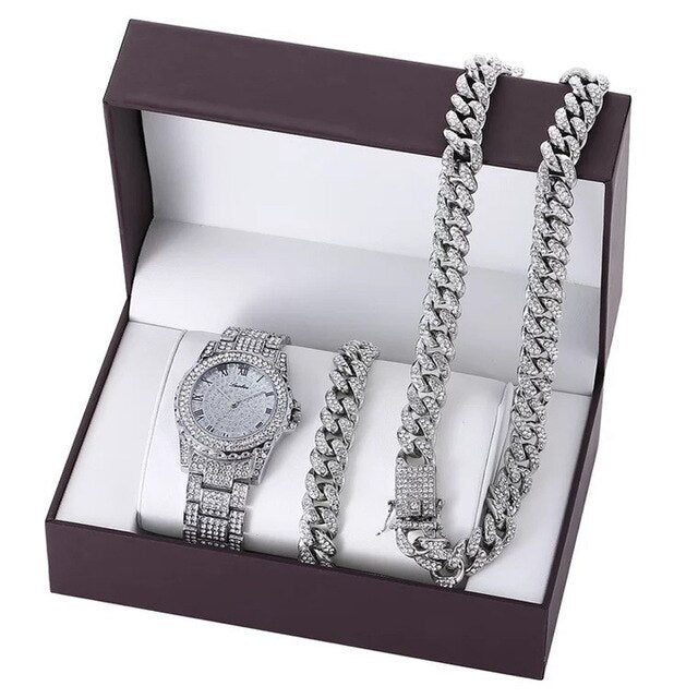 Men Hip-Hop Paved Rhinestones Watch, Bracelet, and Cuban Chain Necklace and Bling Jewelry Set-Jewelry Sets-Innovato Design-Sliver White-Innovato Design