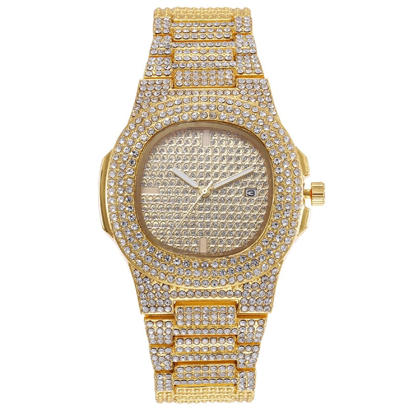 Men Hip-Hop Paved Rhinestones Watch, Bracelet, and Cuban Chain Necklace and Bling Jewelry Set-Jewelry Sets-Innovato Design-Gold White-Innovato Design