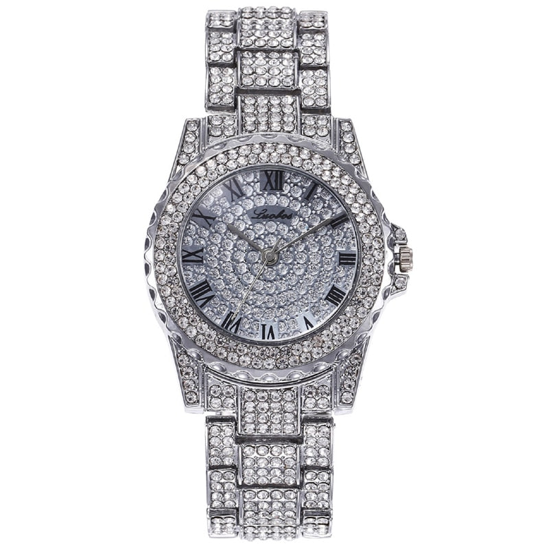 Men Hip-Hop Paved Rhinestones Watch, Bracelet, and Cuban Chain Necklace and Bling Jewelry Set-Jewelry Sets-Innovato Design-Gold White-Innovato Design