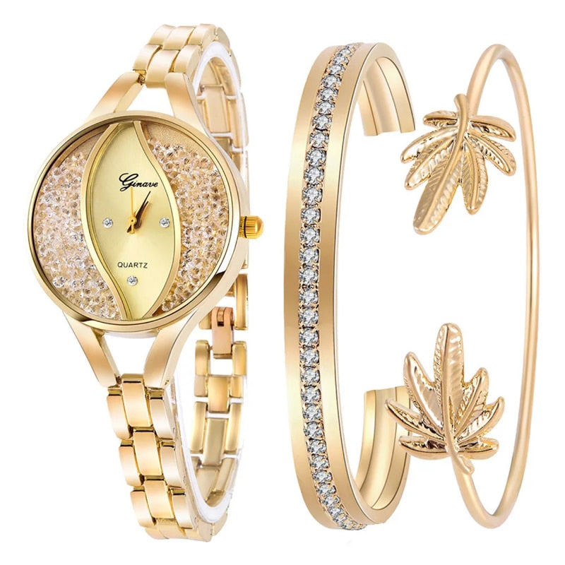 Women Diamond Quartz Watch and Bracelets Jewelry Set-Jewelry Sets-Innovato Design-Gold-Innovato Design
