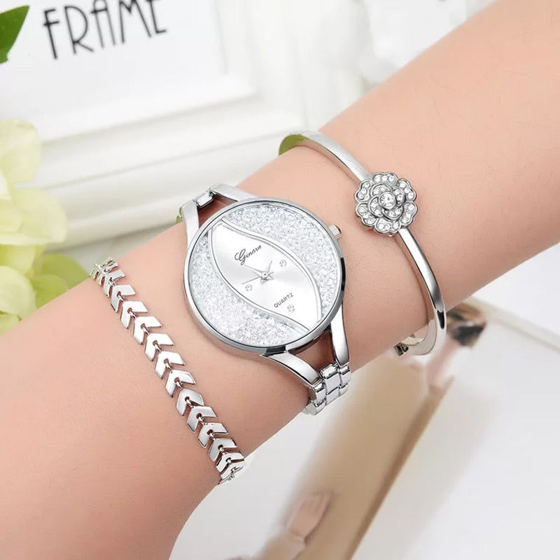 Women Diamond Quartz Watch and Bracelets Jewelry Set-Jewelry Sets-Innovato Design-Gold-Innovato Design