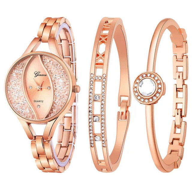 Women Diamond Quartz Watch and Bracelets Jewelry Set-Jewelry Sets-Innovato Design-Rose gold-Innovato Design