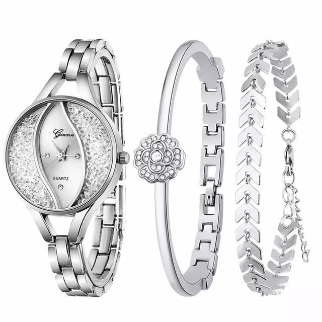 Women Diamond Quartz Watch and Bracelets Jewelry Set-Jewelry Sets-Innovato Design-Silver-Innovato Design